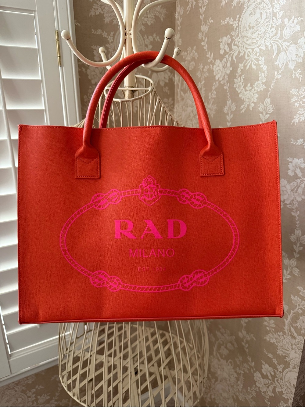 LA/TC Rad Milano Orange Tote with Hot Pink Logo vegan leather tote bag